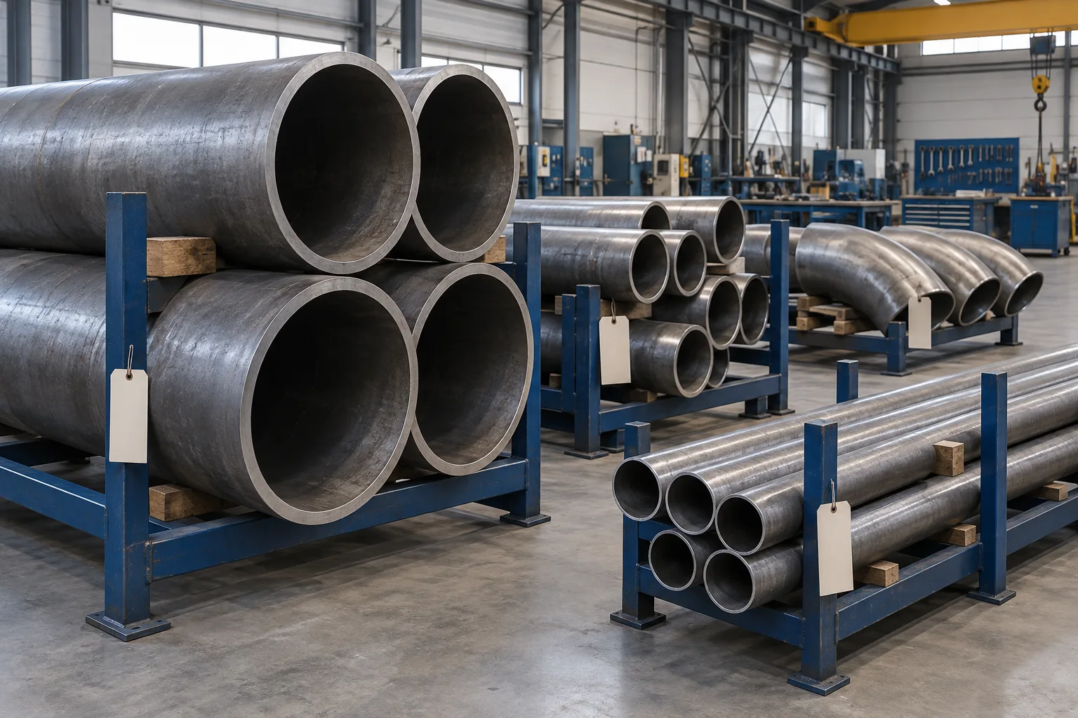 Separated replacement pipe sections on workshop racks