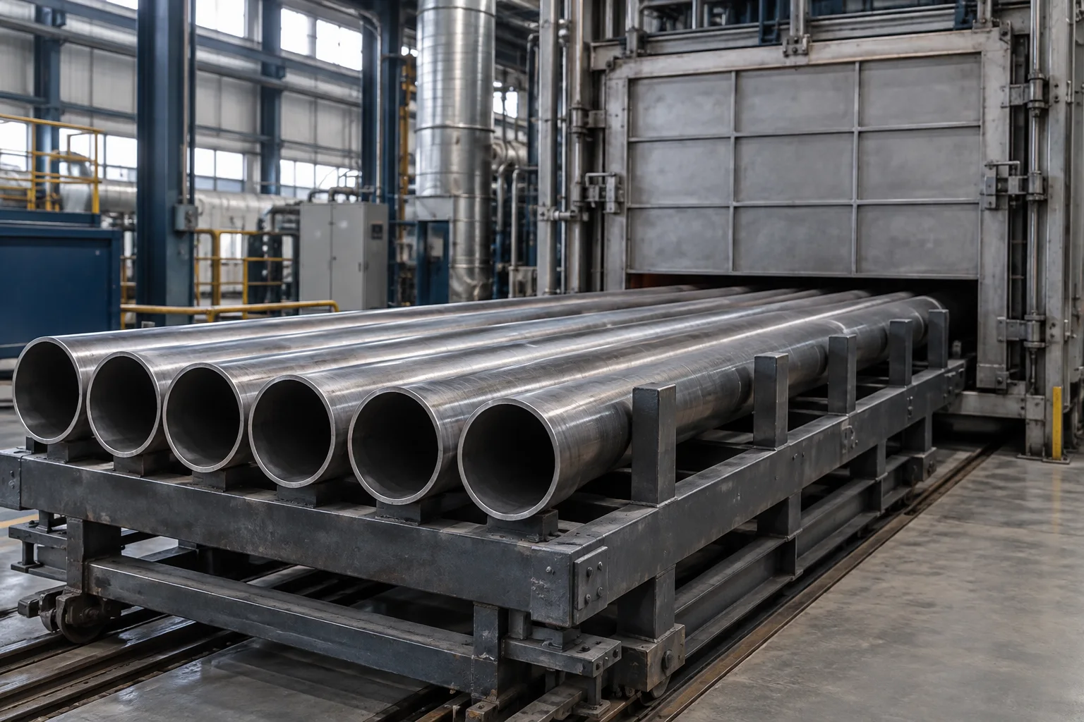 Alloy pipe batch on a furnace loading rack