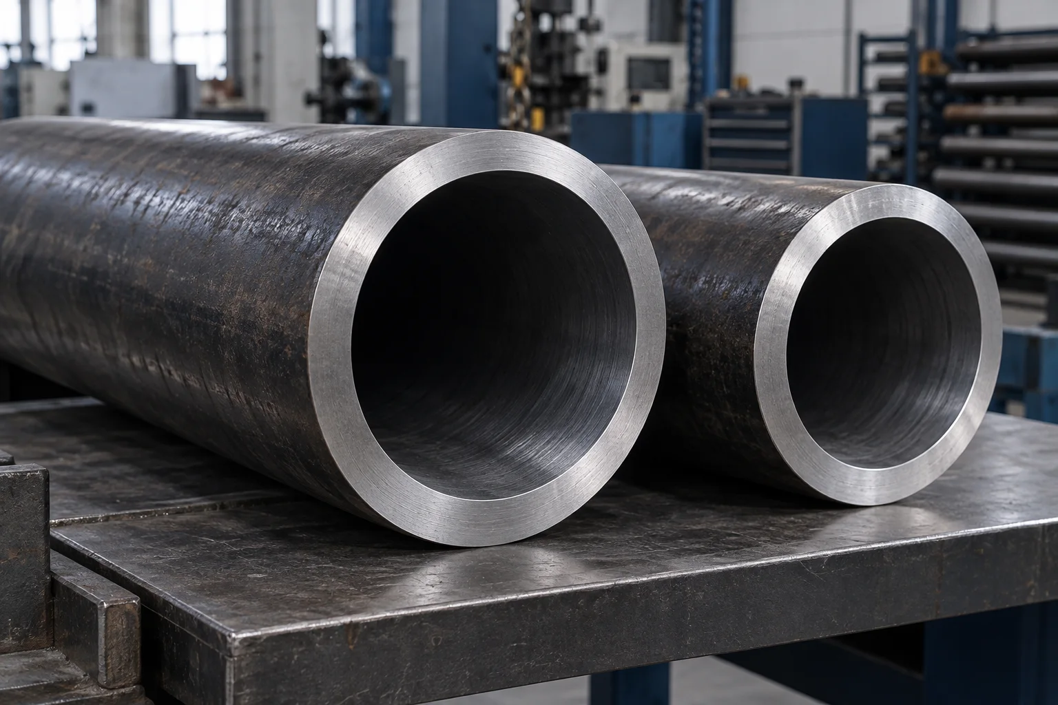 Heavy-wall alloy pipe bores and machined bevels