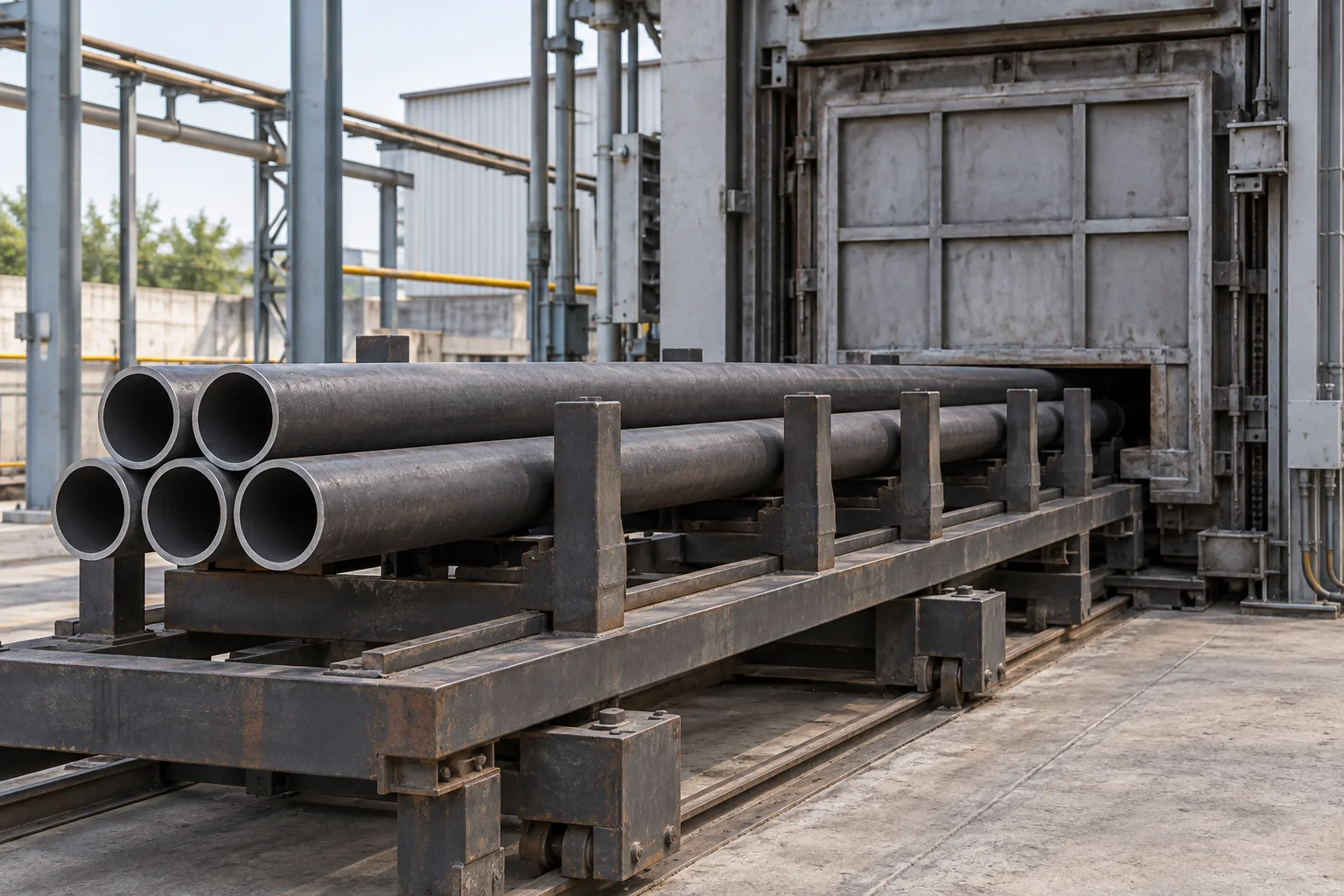 Alloy pipes staged on a heat-treatment loading rack