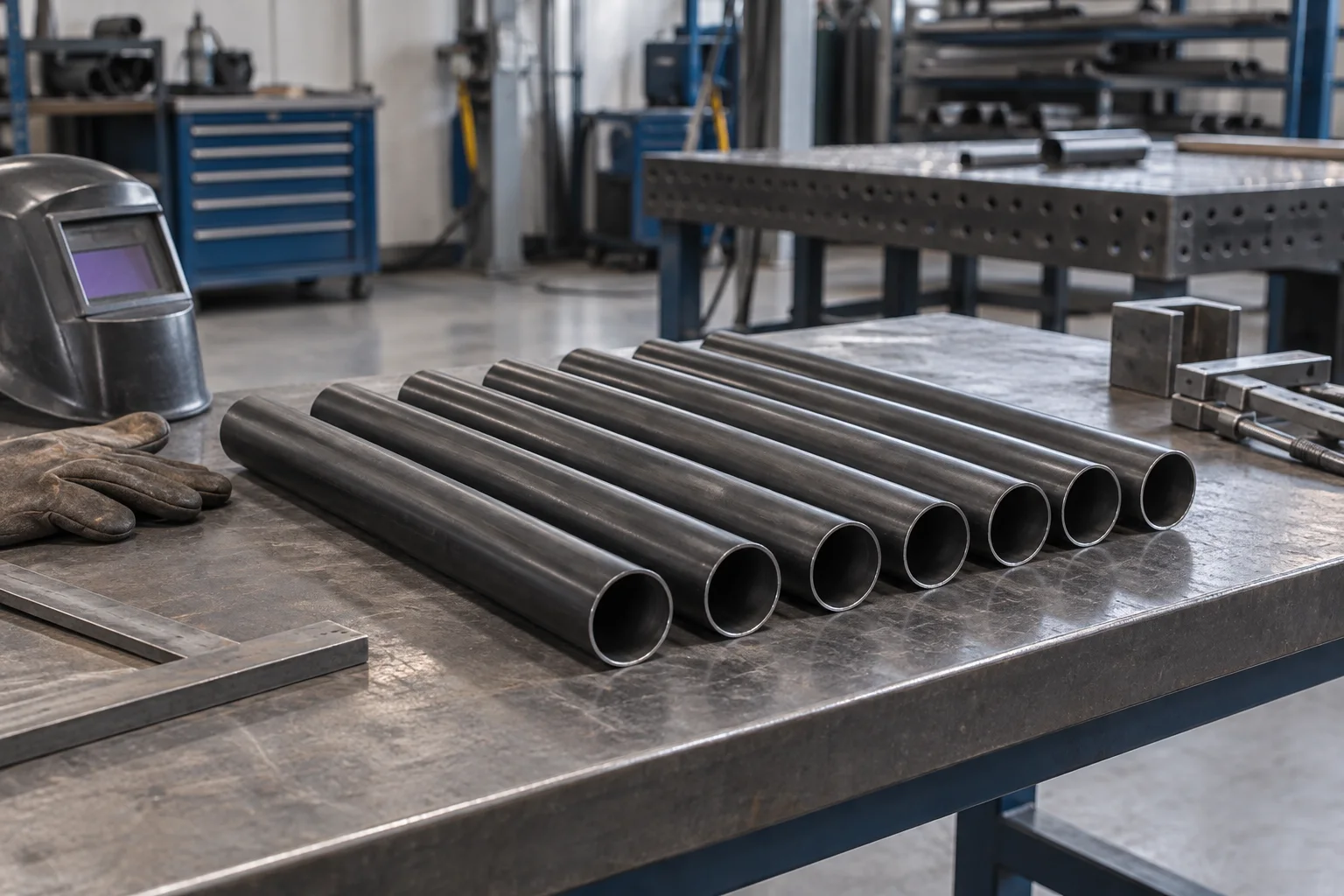 Equal-length round pipe pieces on a fabrication bench