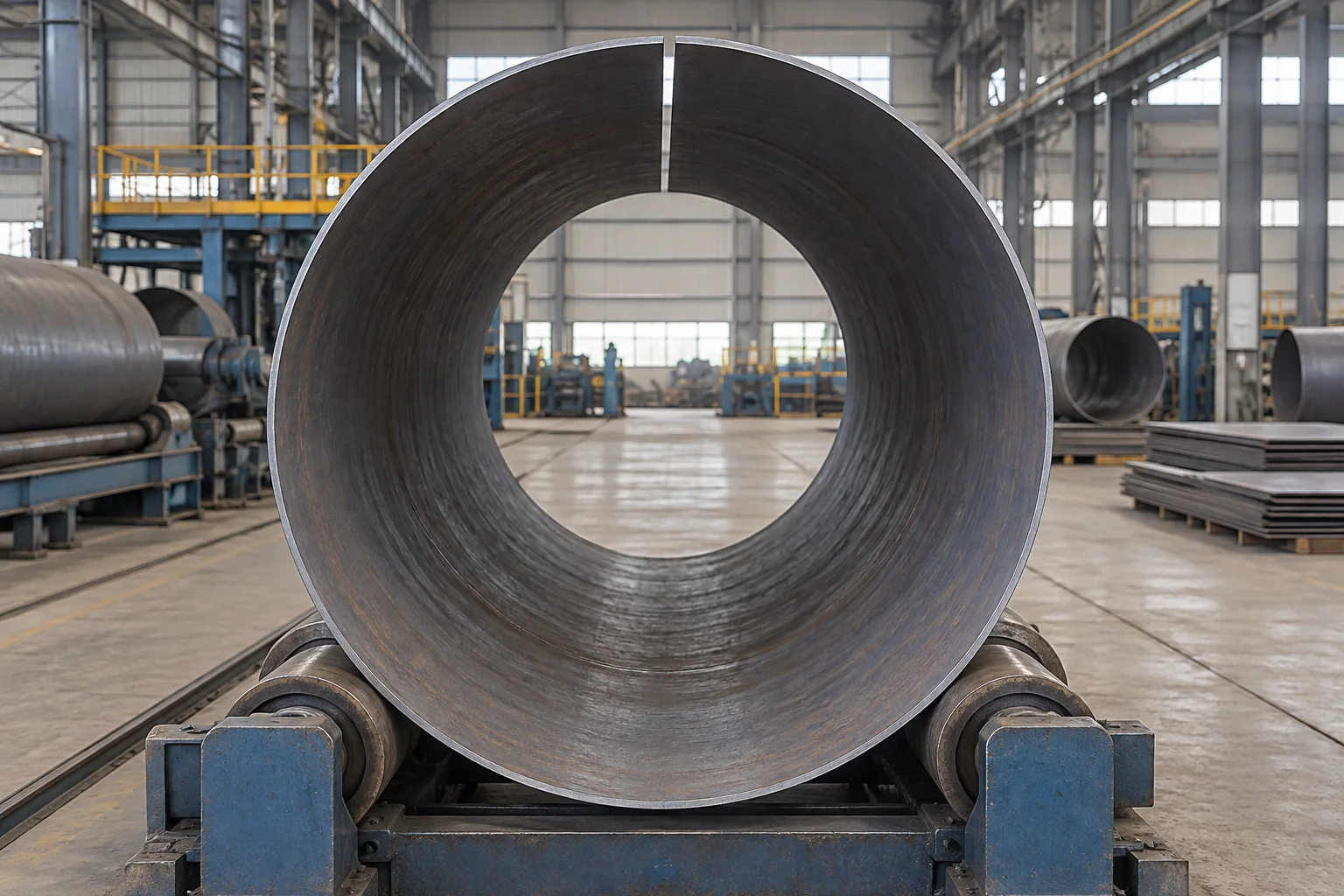 Open-seam plate-formed pipe shell before longitudinal welding
