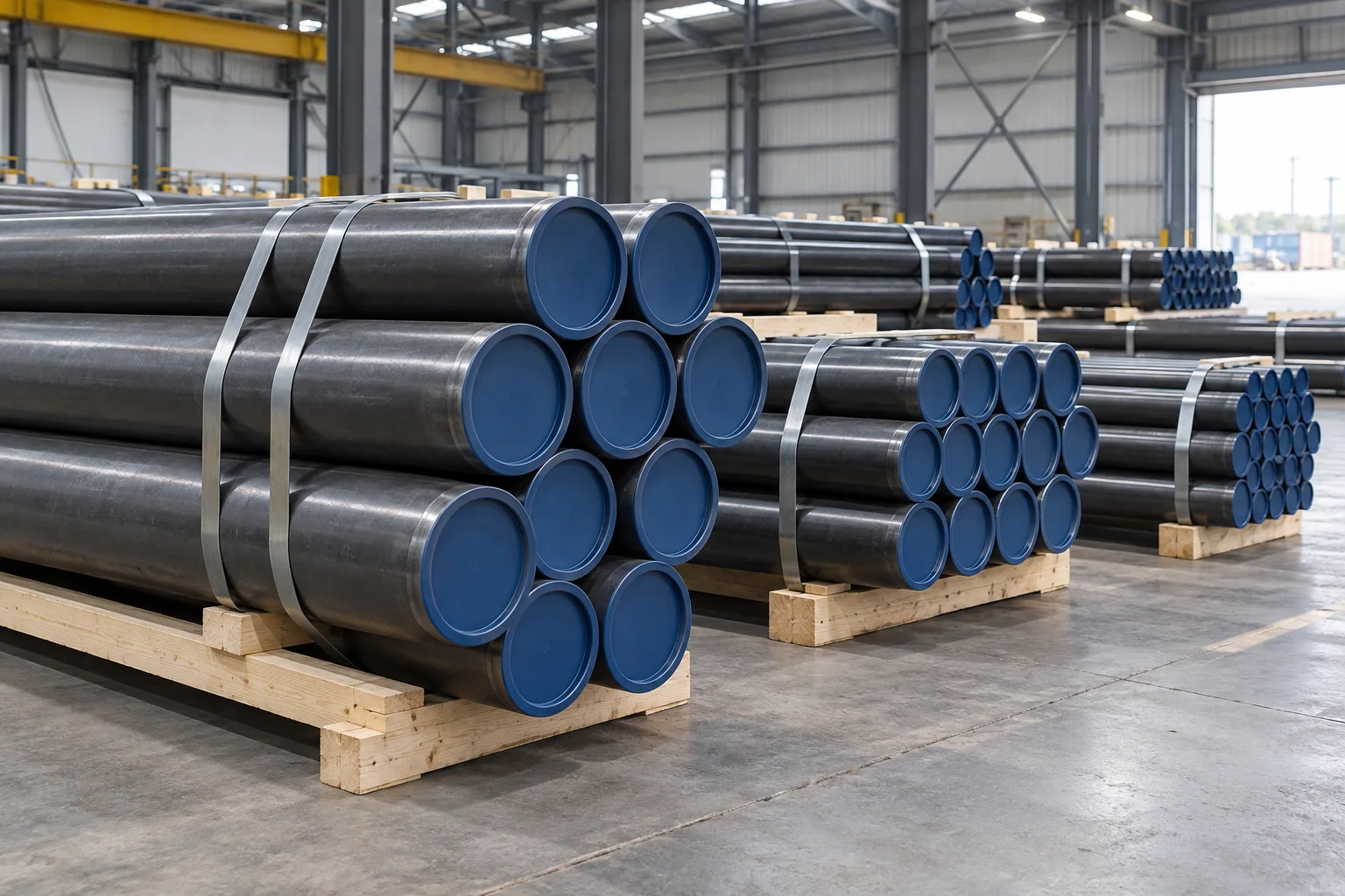 Capped seamless pipe bundles prepared for dispatch