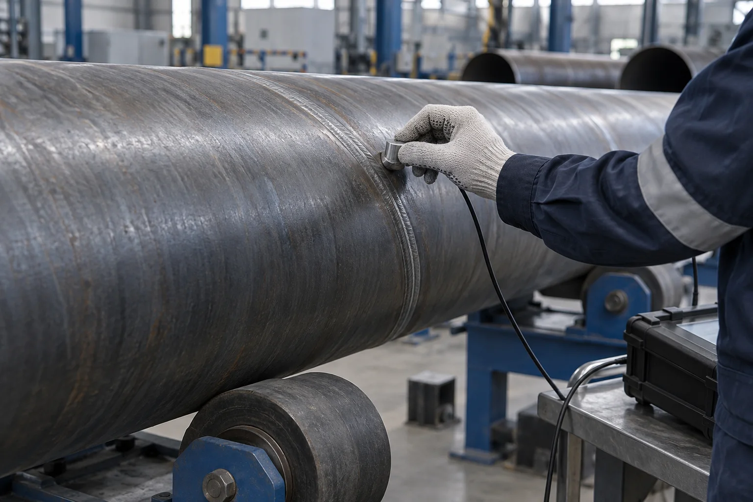 Probe positioned along a spiral pipe seam