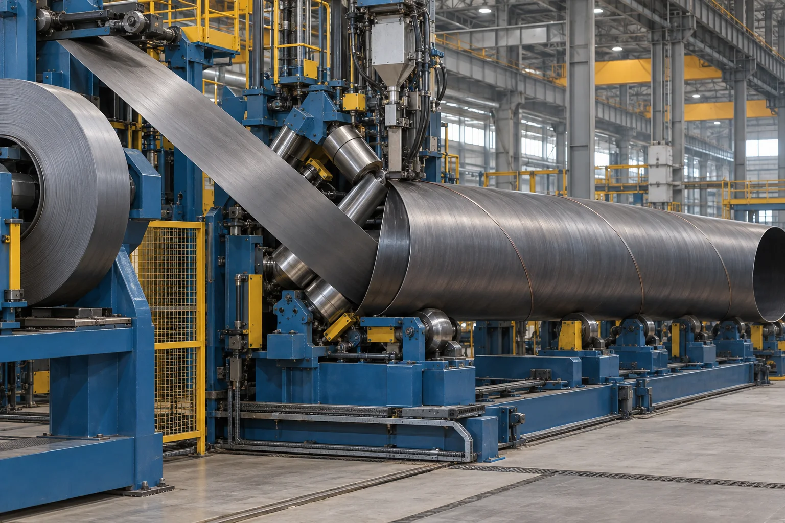 Angled strip entering spiral pipe forming rolls