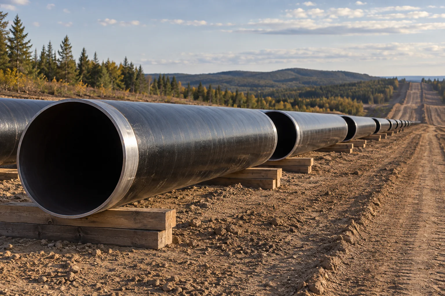 Coated line pipe lengths arranged along a pipeline construction corridor