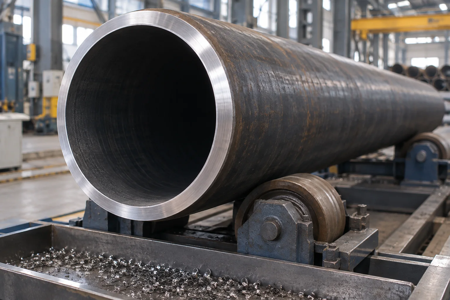 Machined bevel and root face on a carbon steel line pipe end
