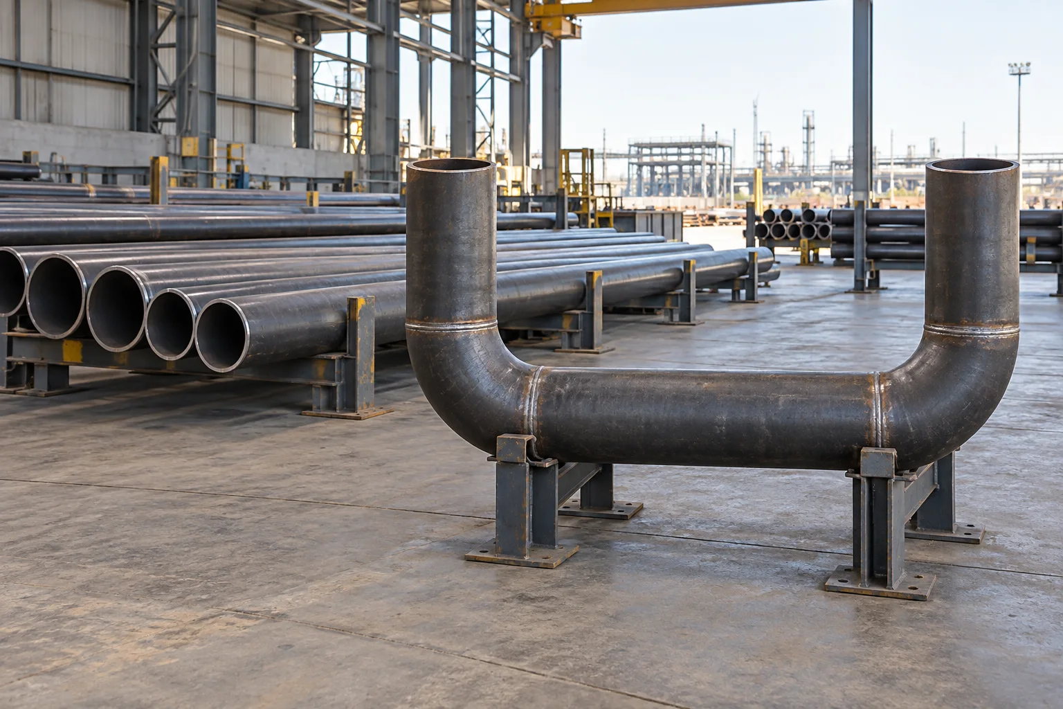 Straight pipe lengths and a prepared pipe spool in a fabrication bay