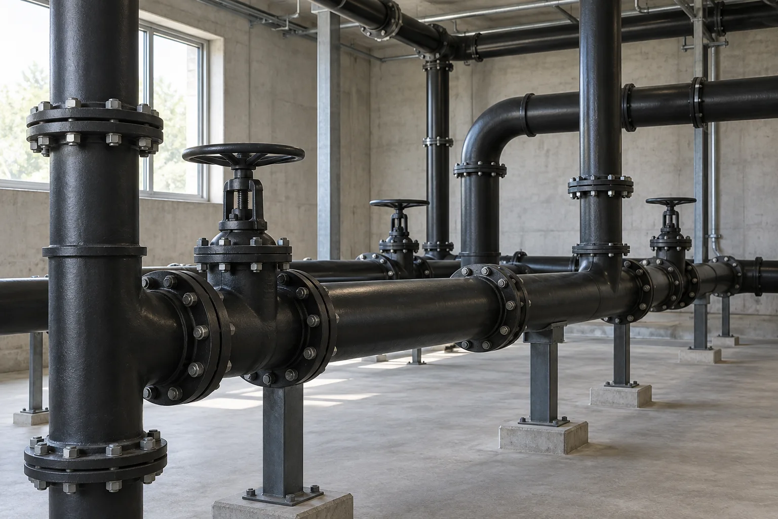 Black steel pipework with flanged connections and valves