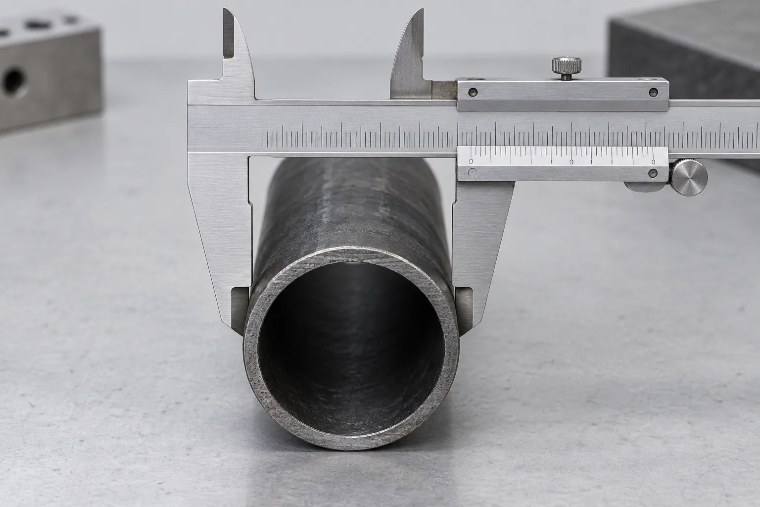 Caliper checking a black pipe outside diameter