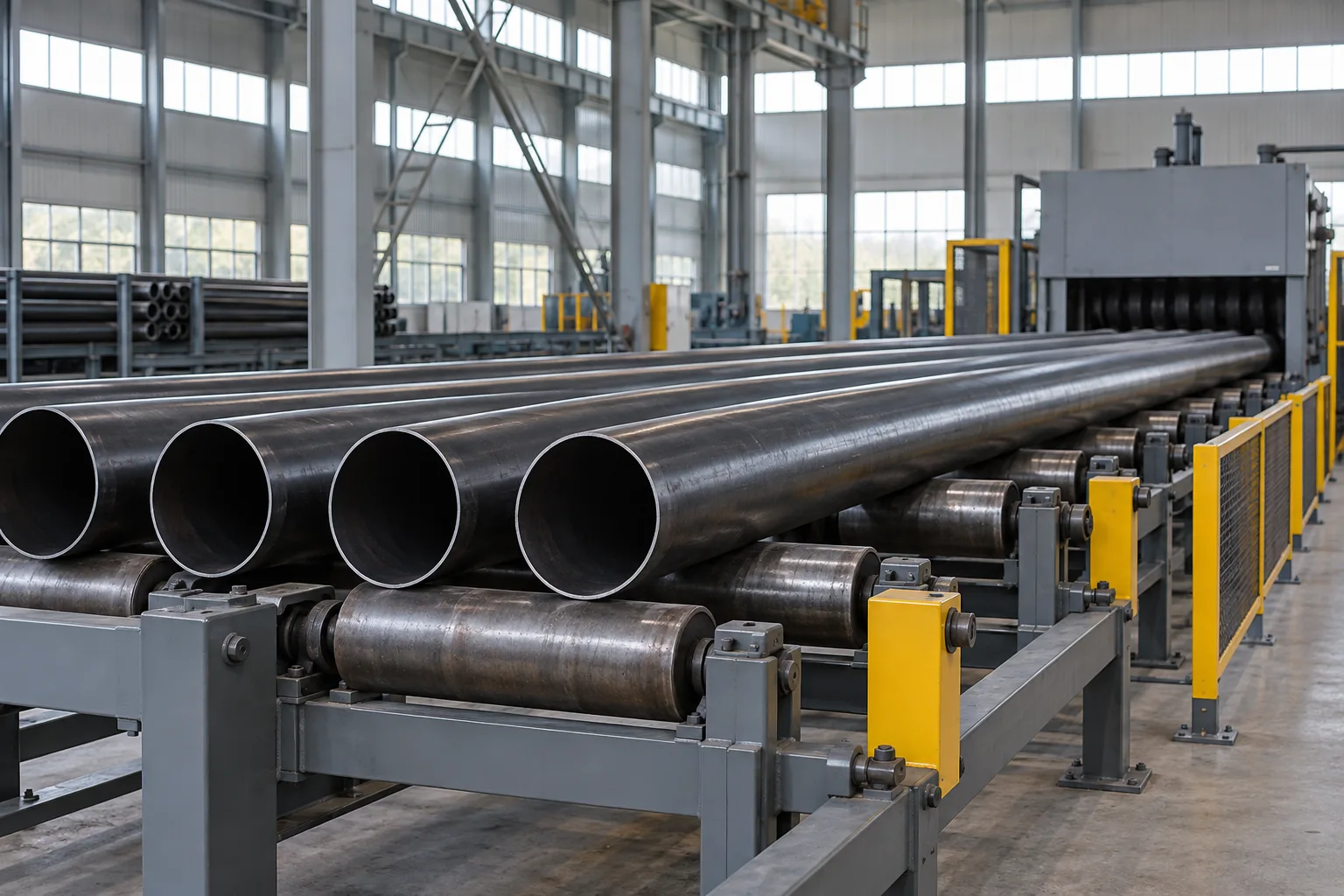 Round steel pipes on a finishing conveyor