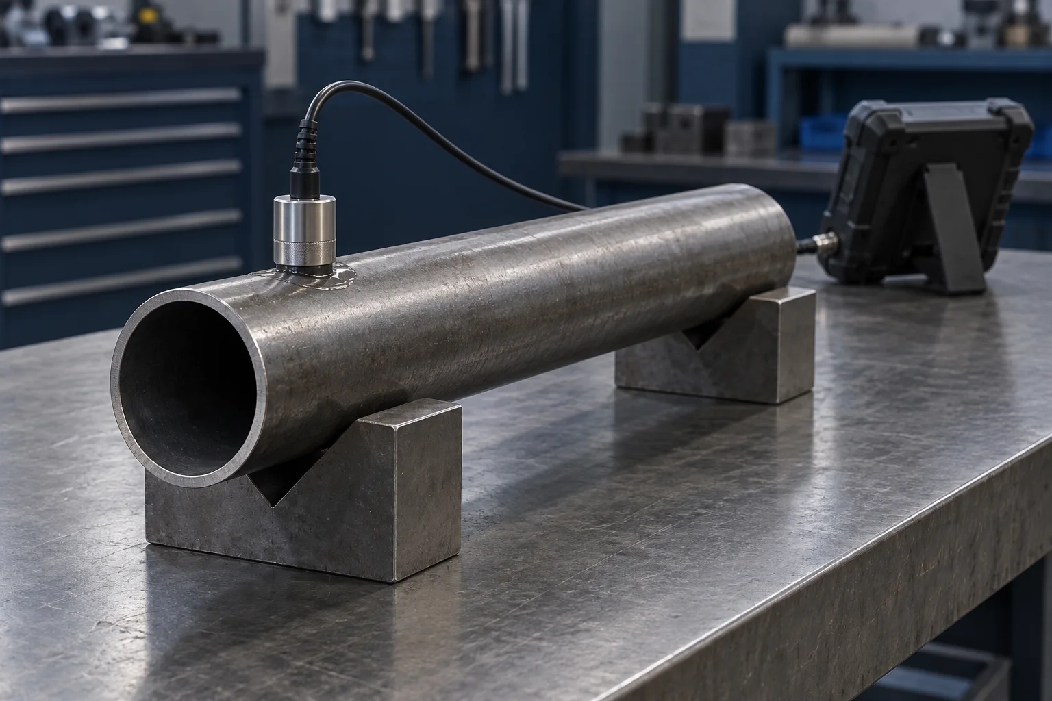 Ultrasonic thickness probe on a seamless boiler tube supported by V-blocks