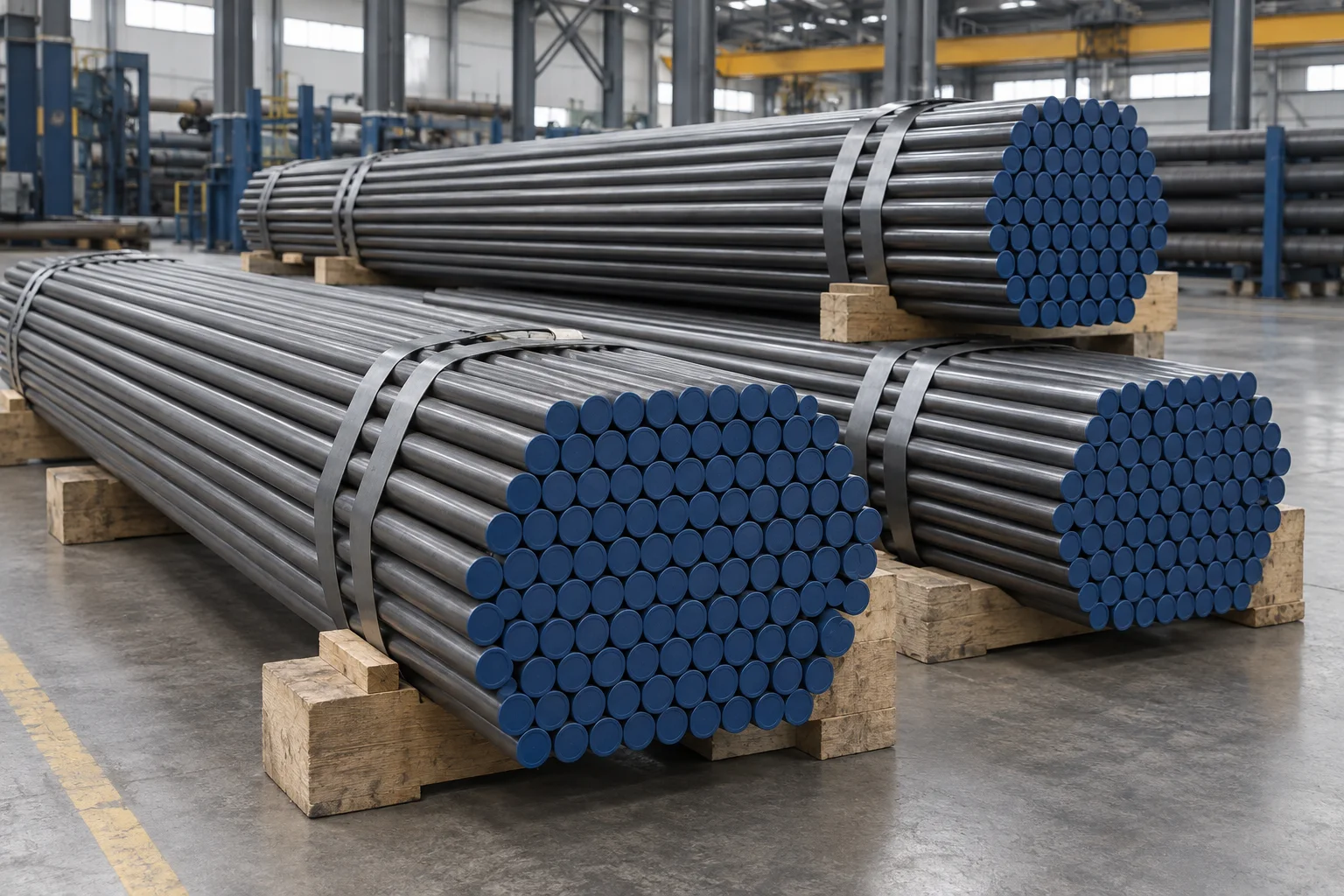 Capped boiler tube bundles secured on timber supports for shipment
