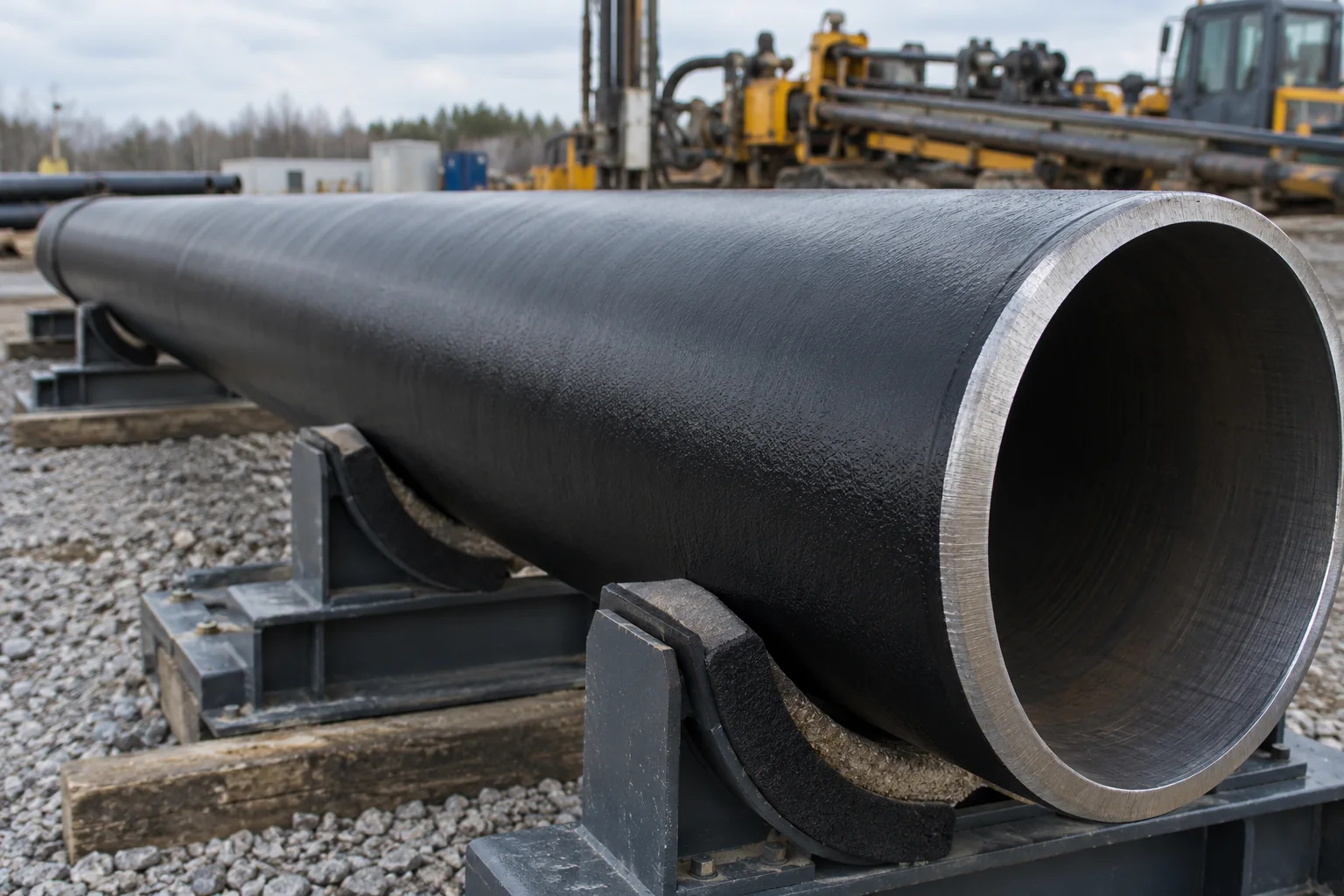 Abrasion-resistant coated pipe on padded supports near a drilling staging area