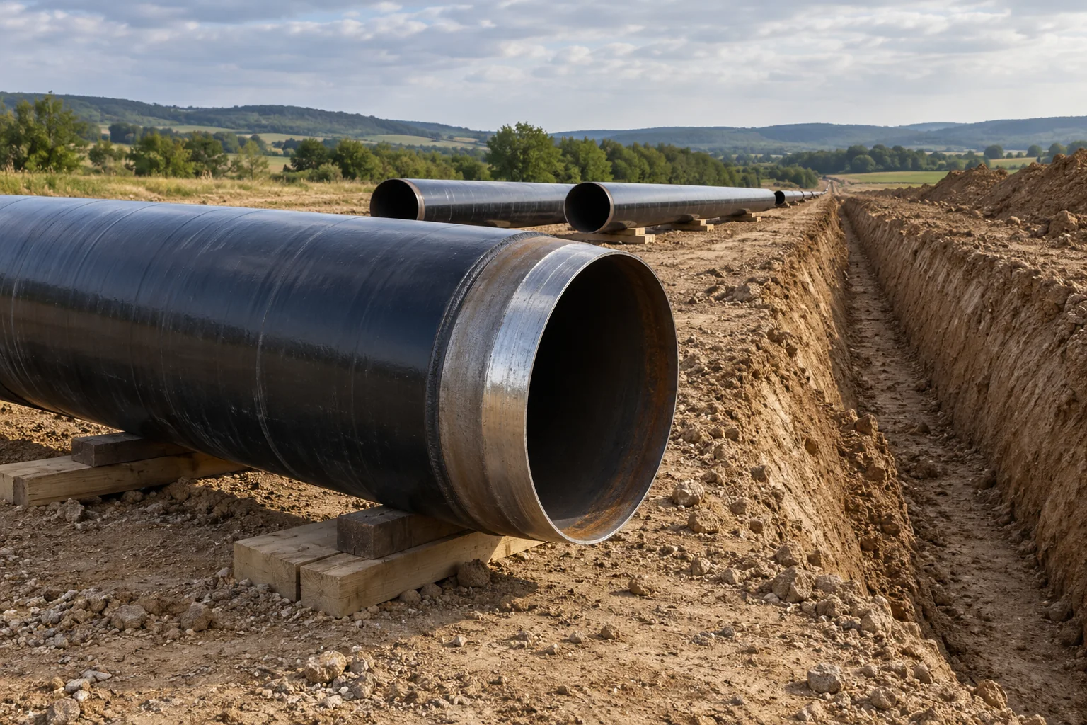 Black coated pipeline joints beside a trench before installation