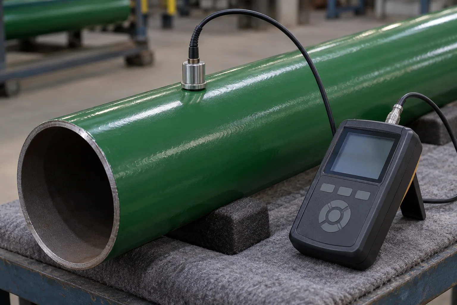 Coating thickness probe contacting the cured epoxy surface