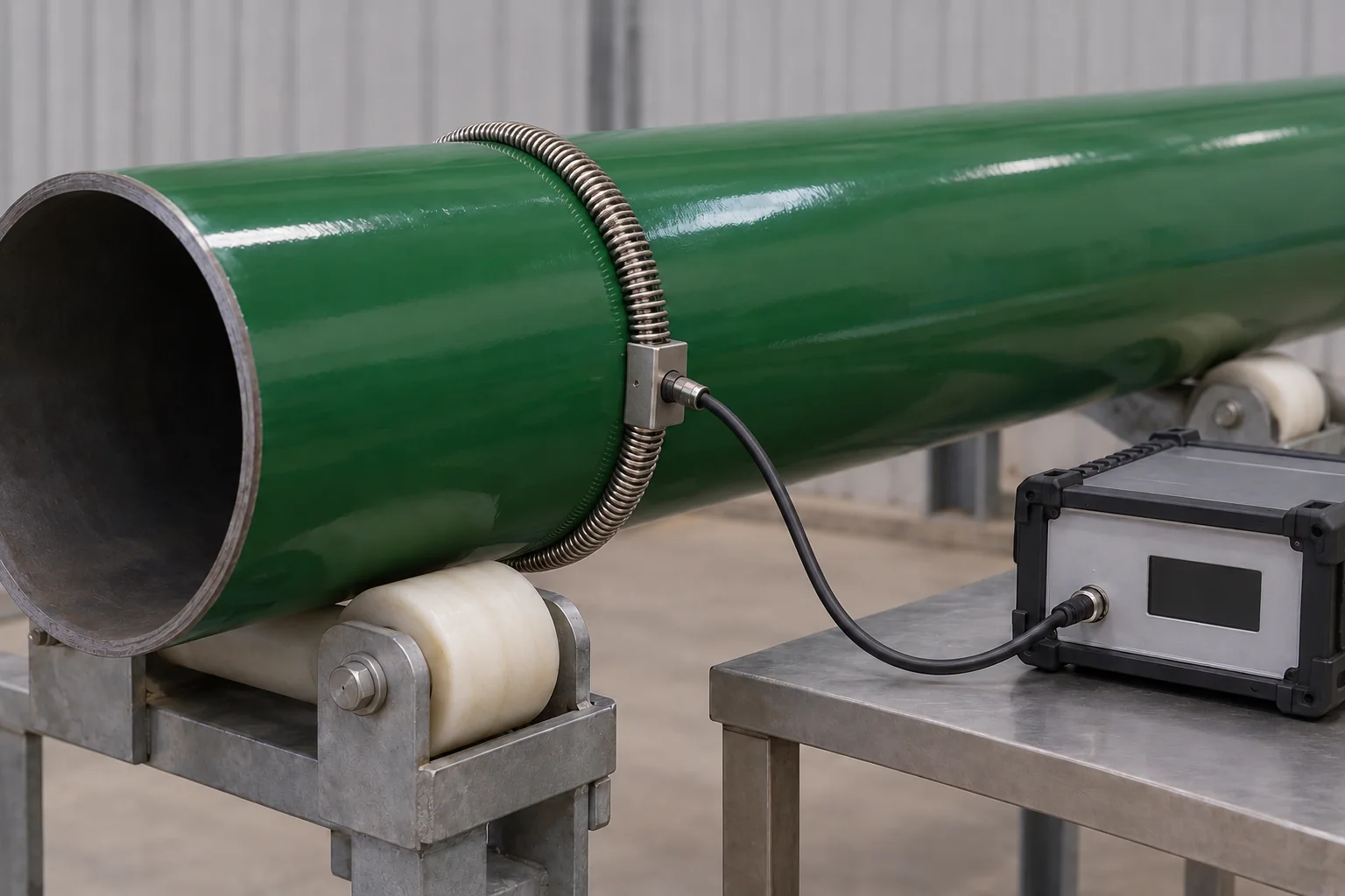 Spring electrode around coated pipe for continuity inspection