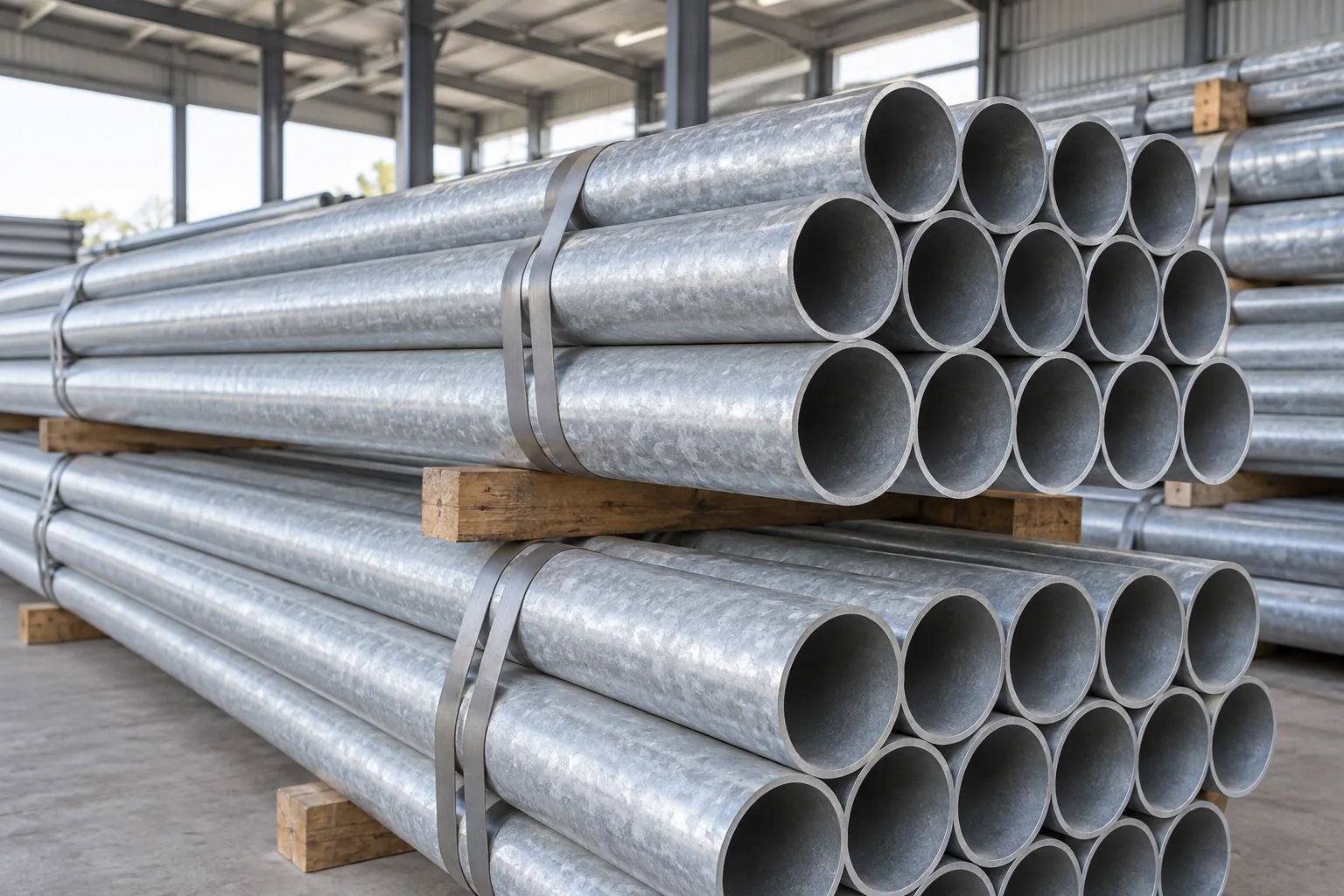 Bundles of hot-dip galvanized round steel pipe