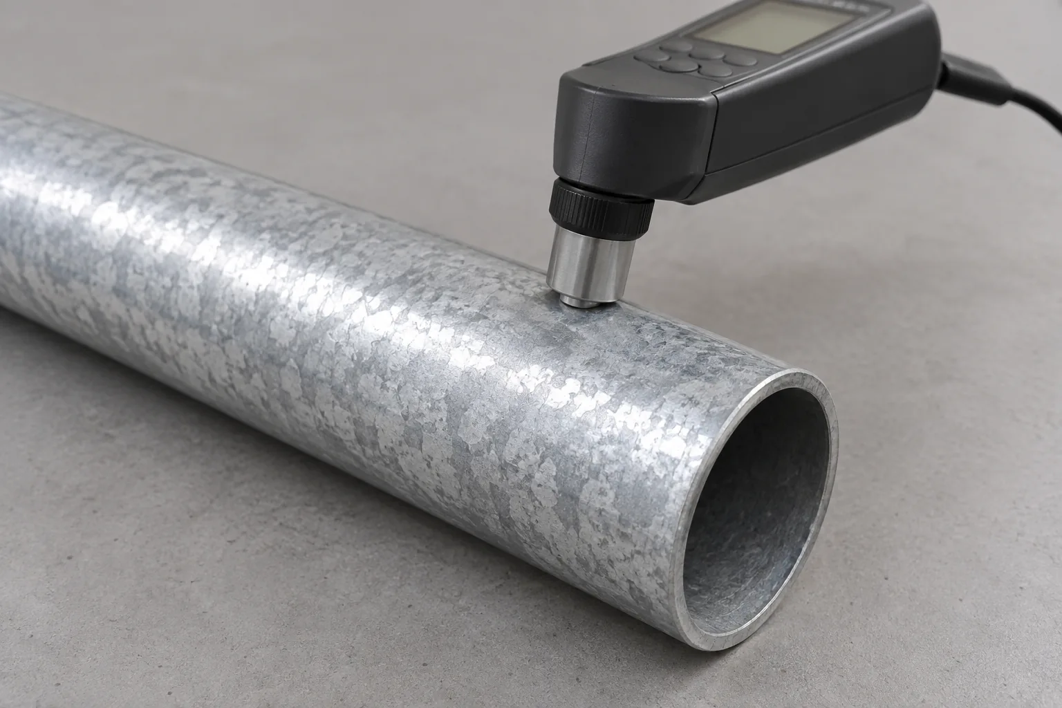 Coating-thickness probe checking a galvanized pipe surface