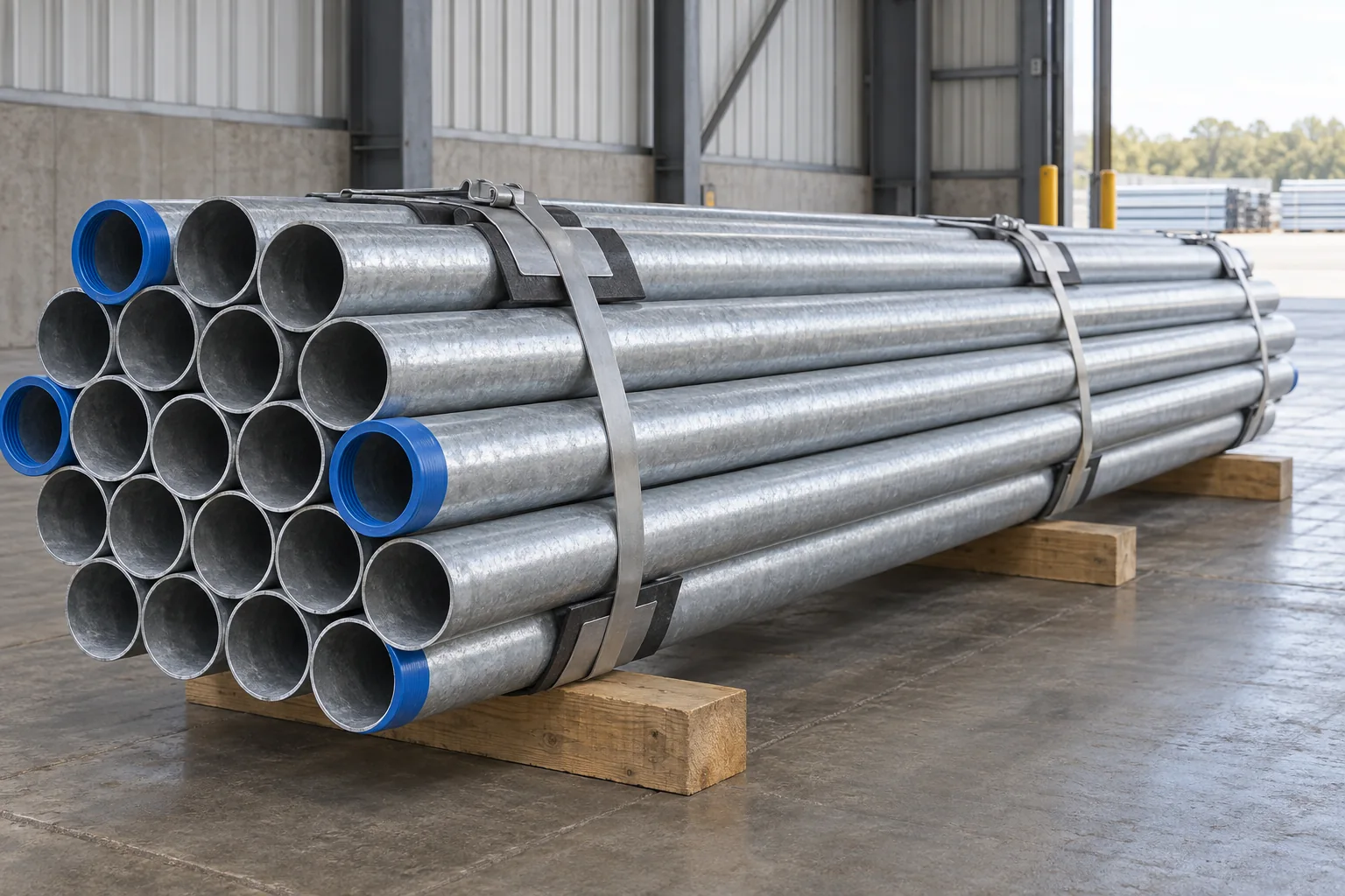 Steel pipe bundle with straps, supports and protected ends