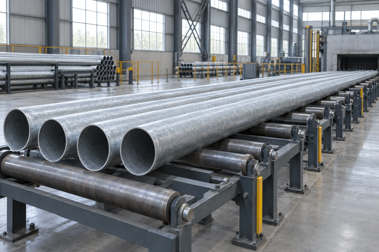 Galvanized round pipes on a finishing conveyor