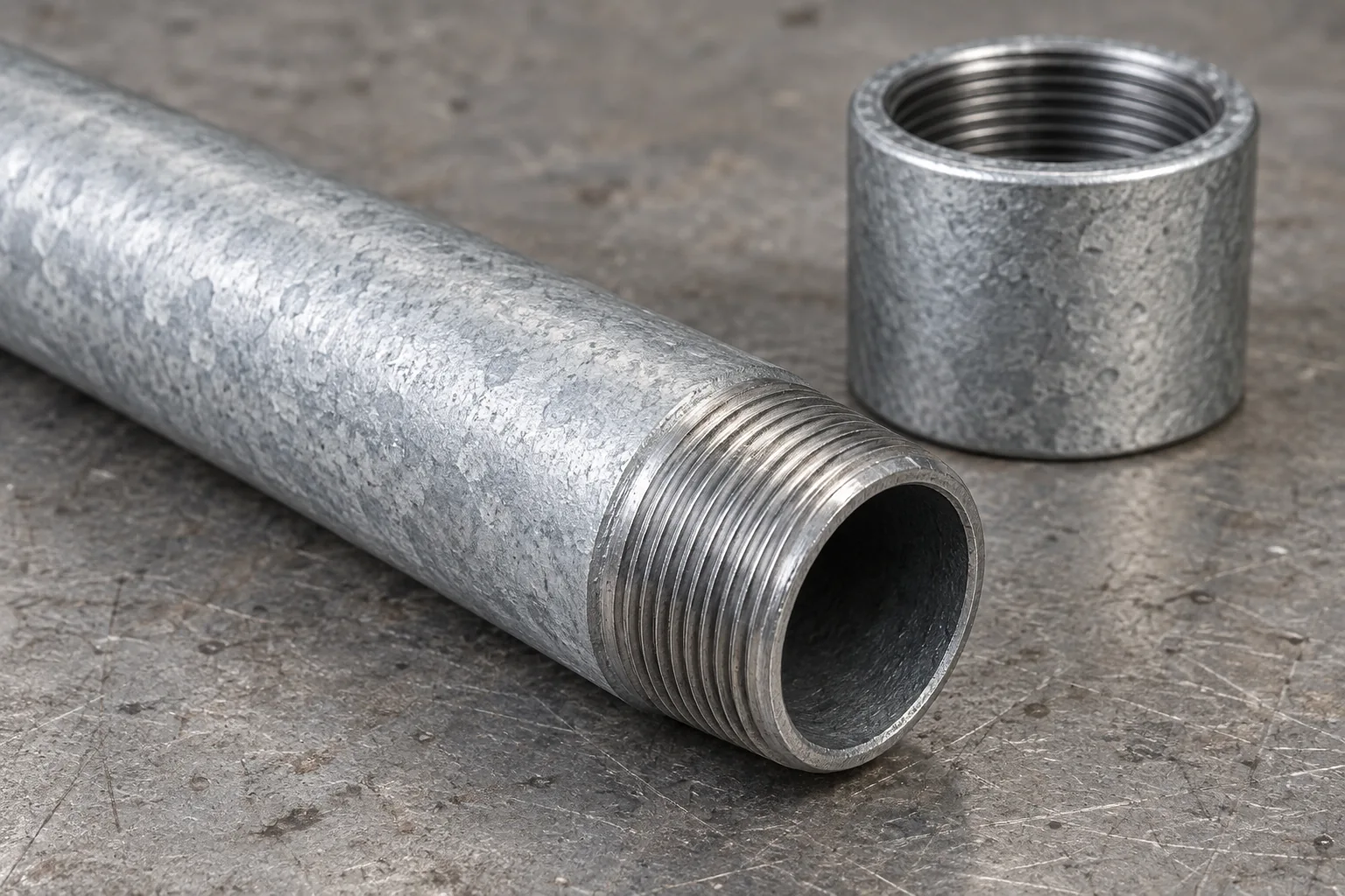 Threaded galvanized steel pipe end and matching coupling