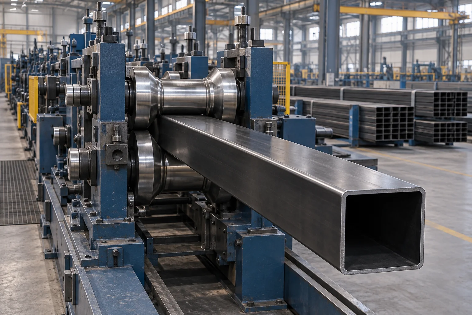 Square hollow steel section supported along a tube sizing line