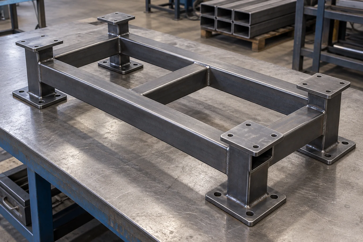 Fabricated rectangular tube base with mounting plates