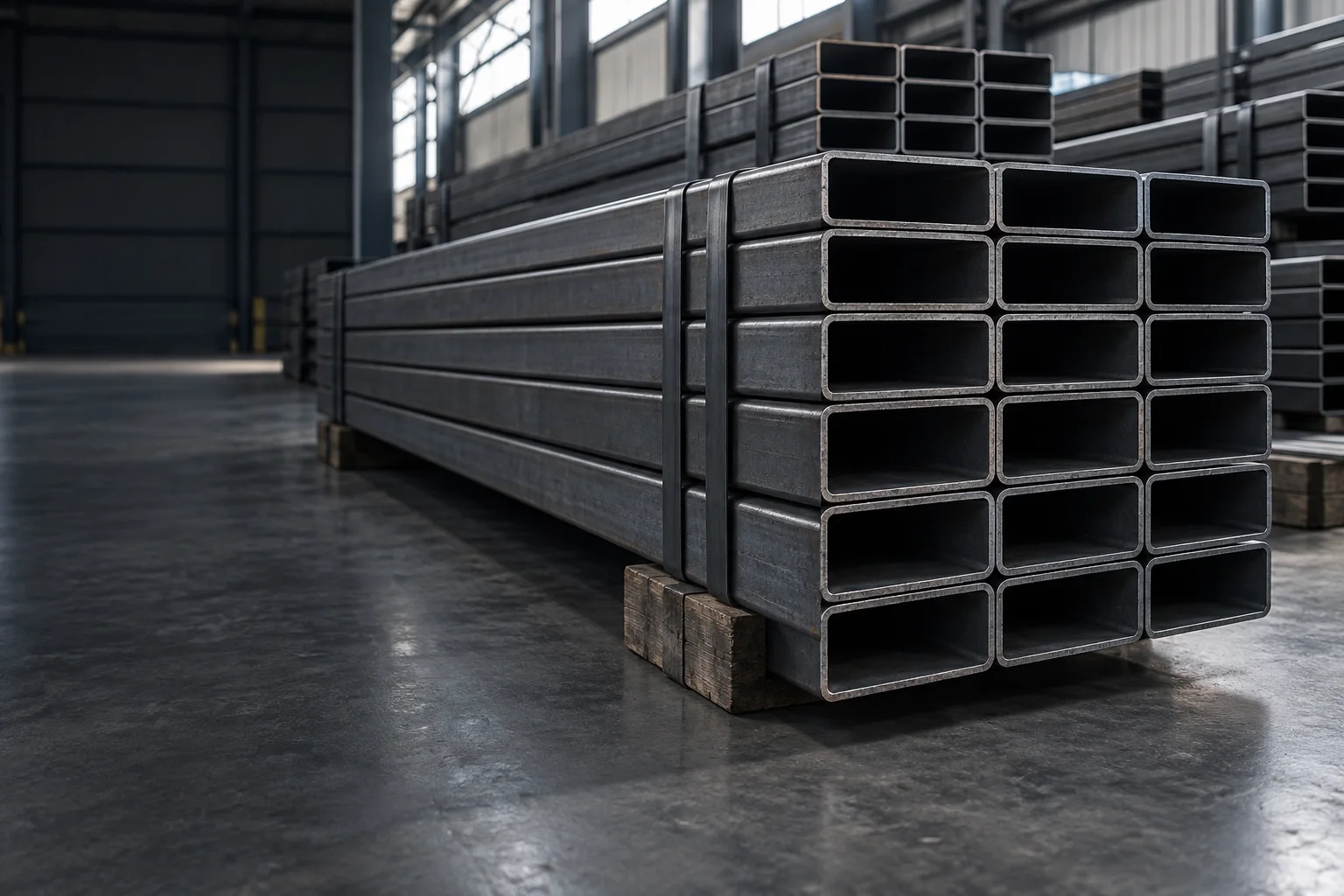 Bundles of rectangular steel tubing with open unequal-sided ends