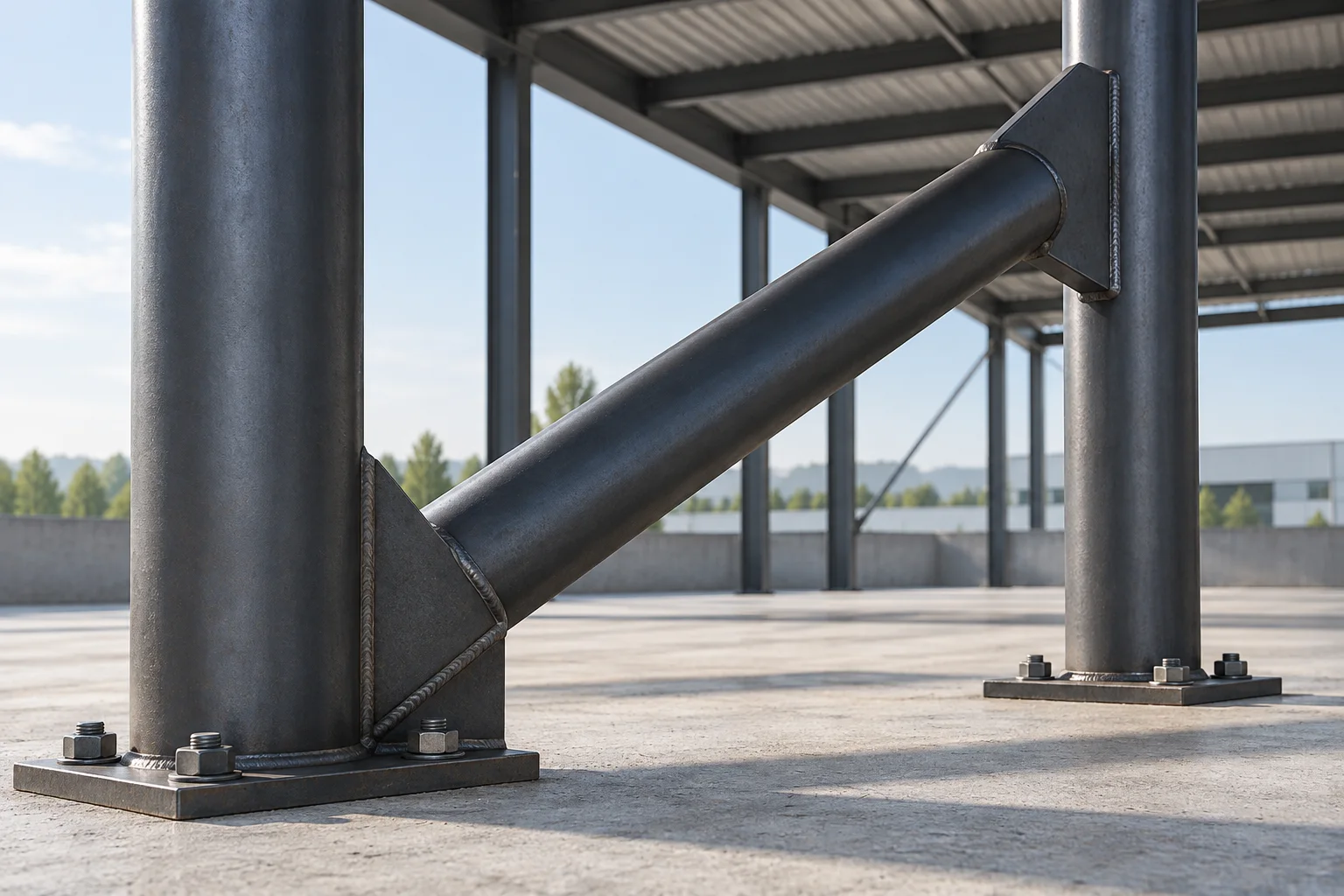 Round tubular columns and a diagonal brace in a steel support structure