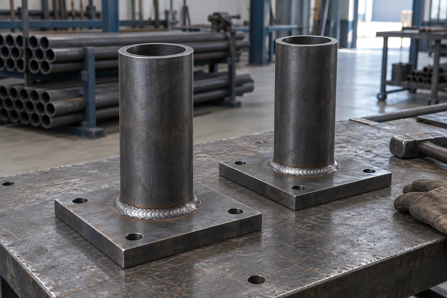 Round tube posts with welded base plates for fabricated supports