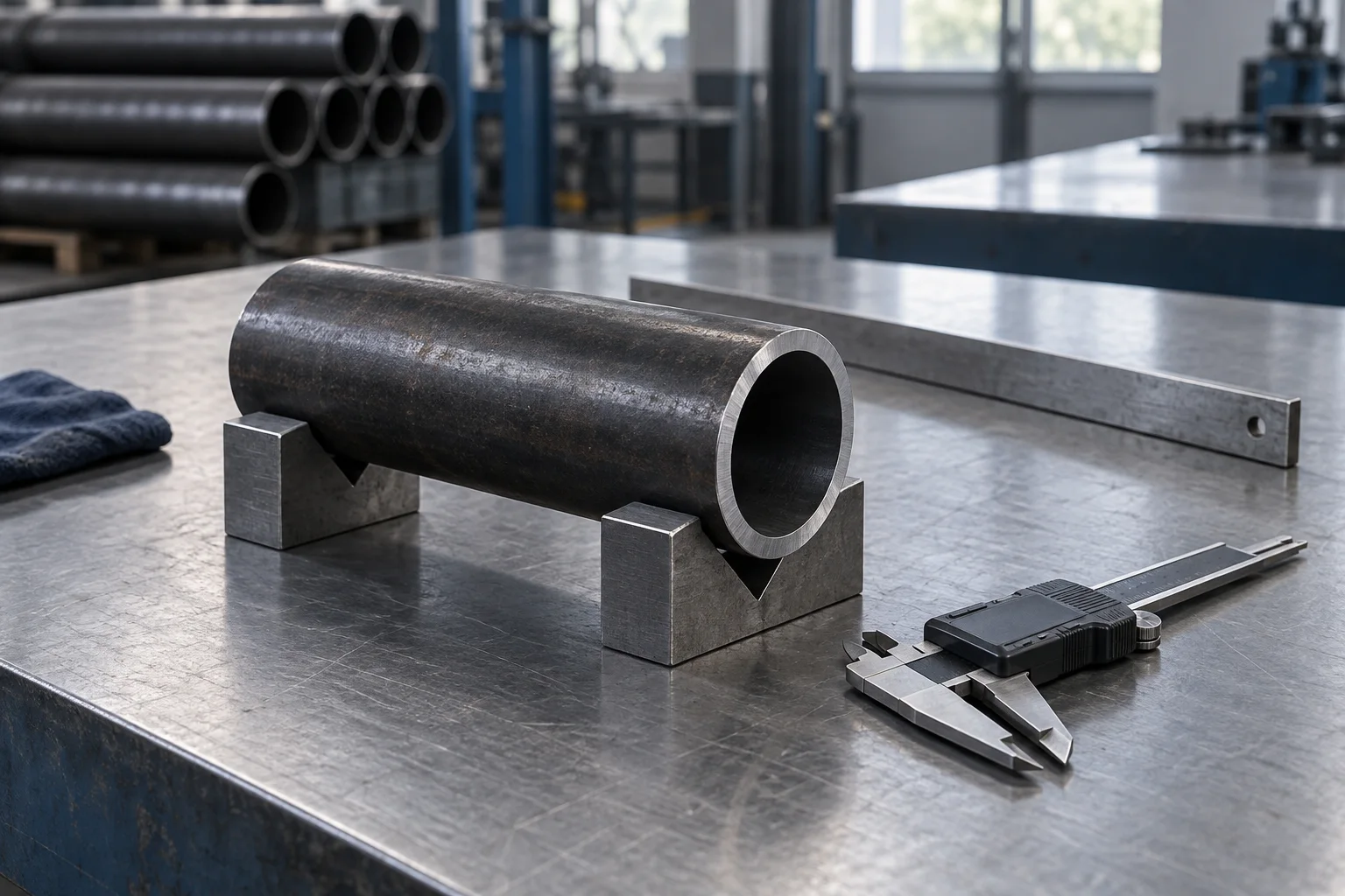 Round tube on V-blocks beside inspection tools