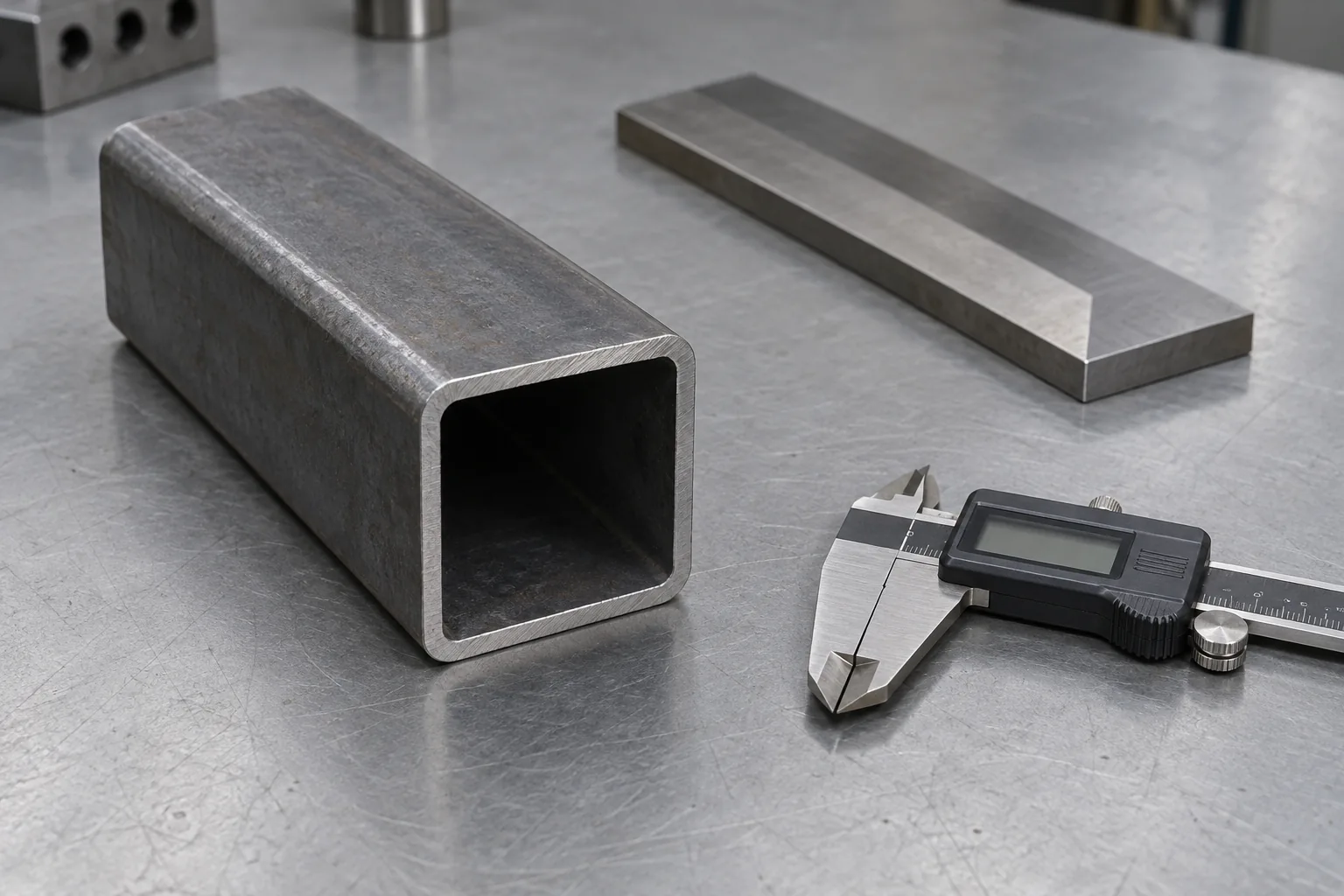 Square steel tube with measuring tools on an inspection bench