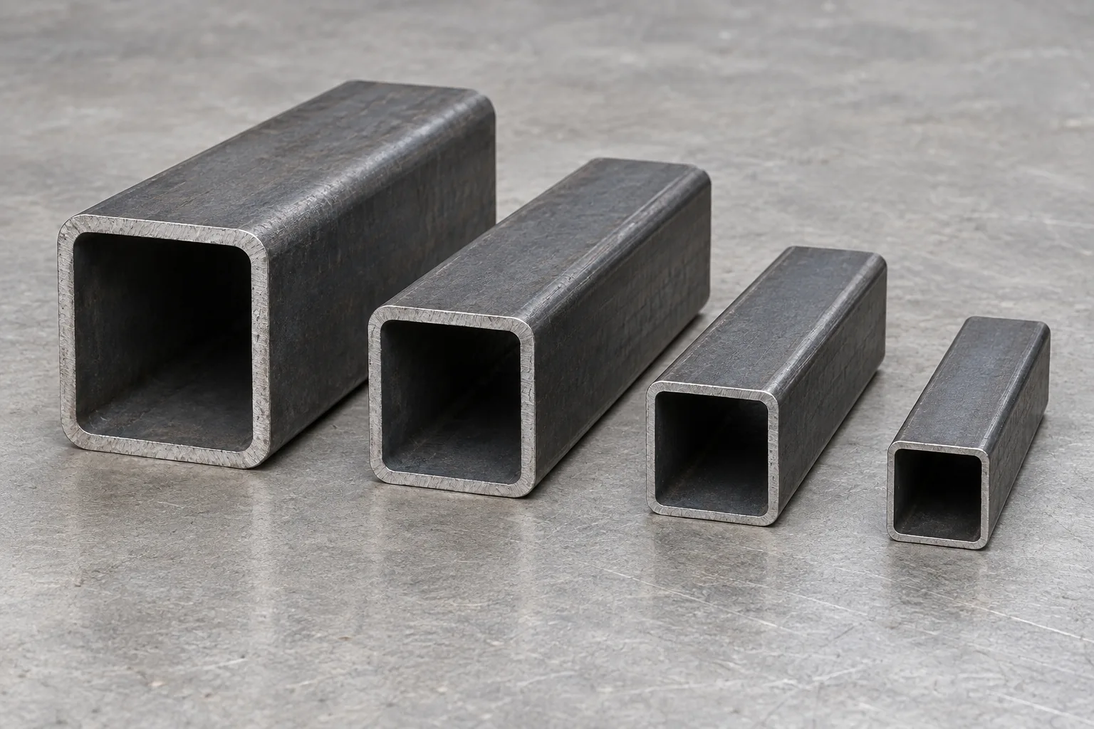Square hollow steel sections showing different outside sizes and walls