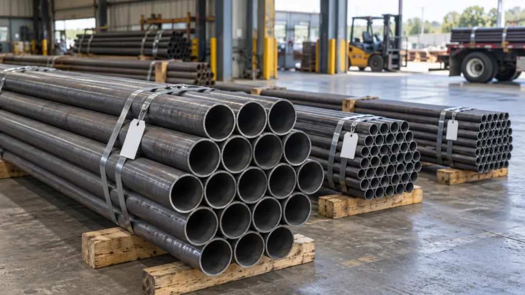 Steel pipe bundles separated by diameter with identification tags in a receiving warehouse