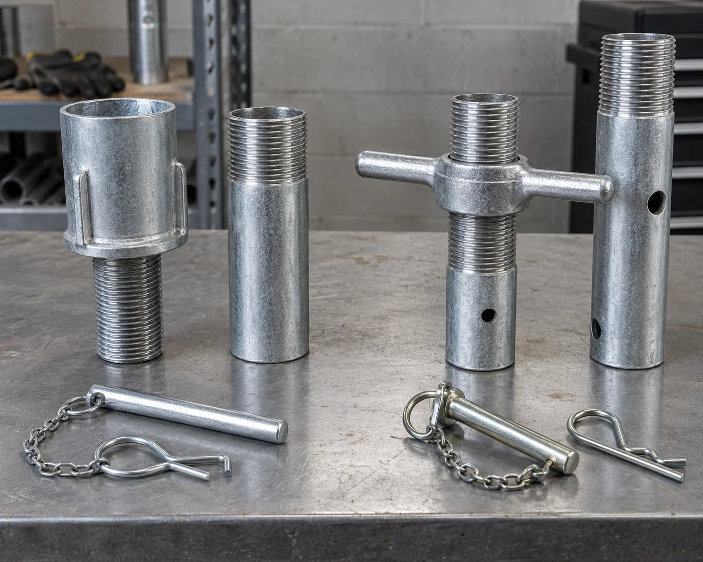 Cup-style and handled adjustment samples, threaded tube sections and loose pin components