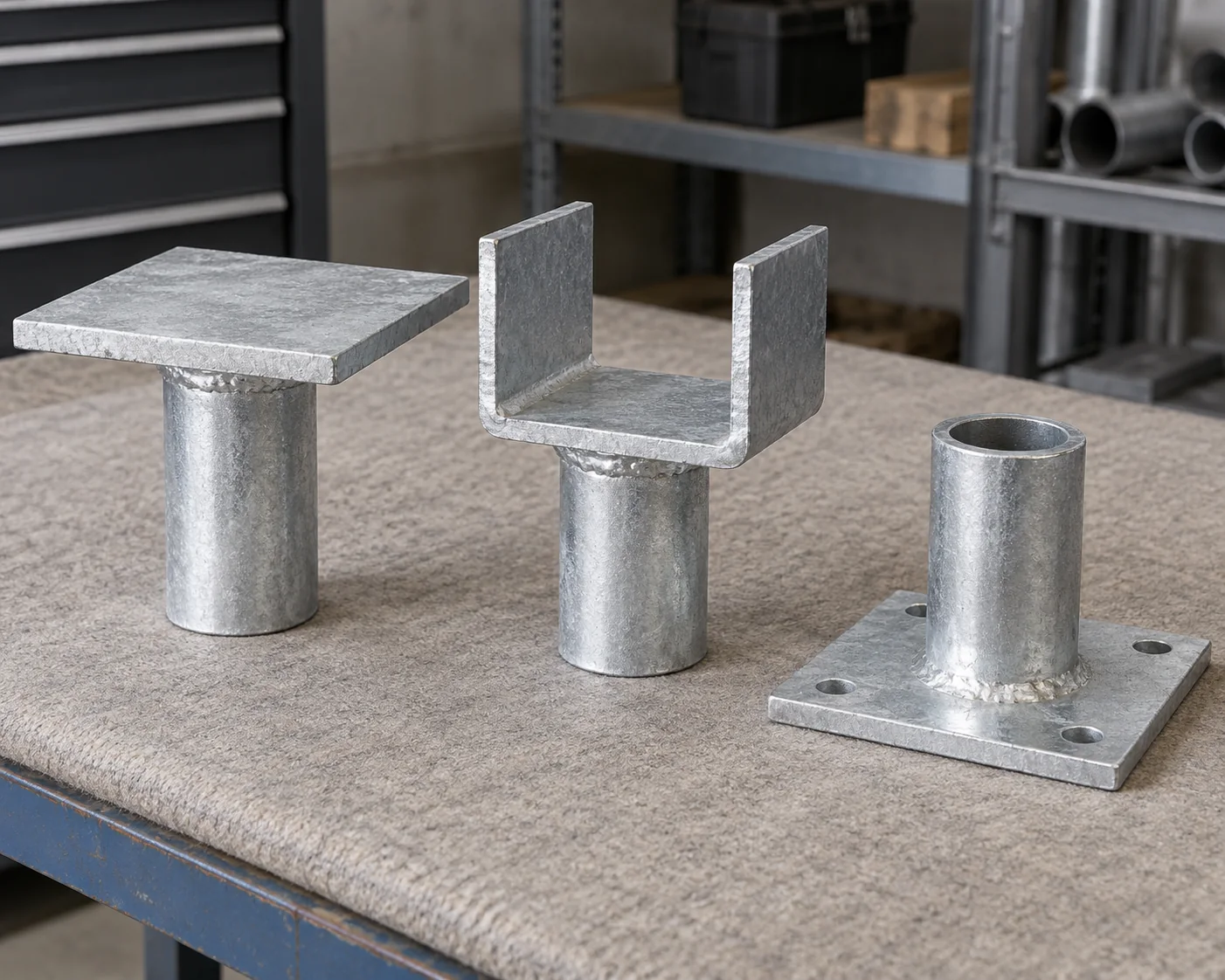 Loose flat-head, U-head and base-plate steel fittings on a workbench