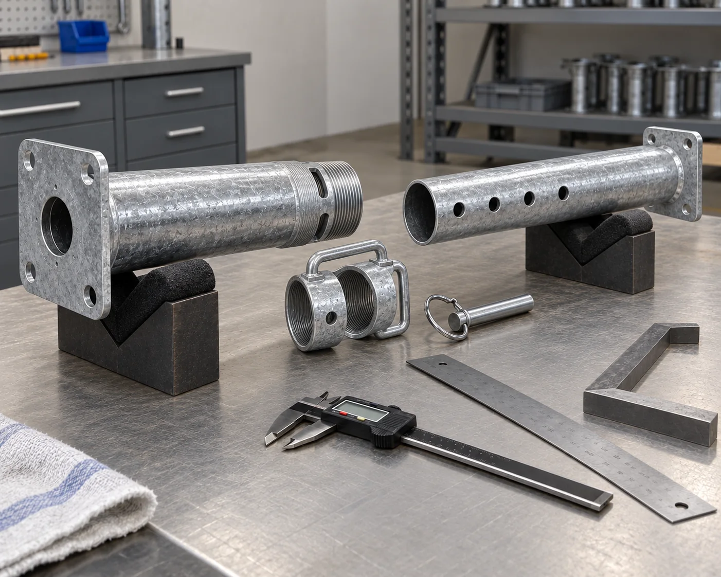 Separate threaded and perforated prop tubes, adjustment parts and pin beside idle inspection tools
