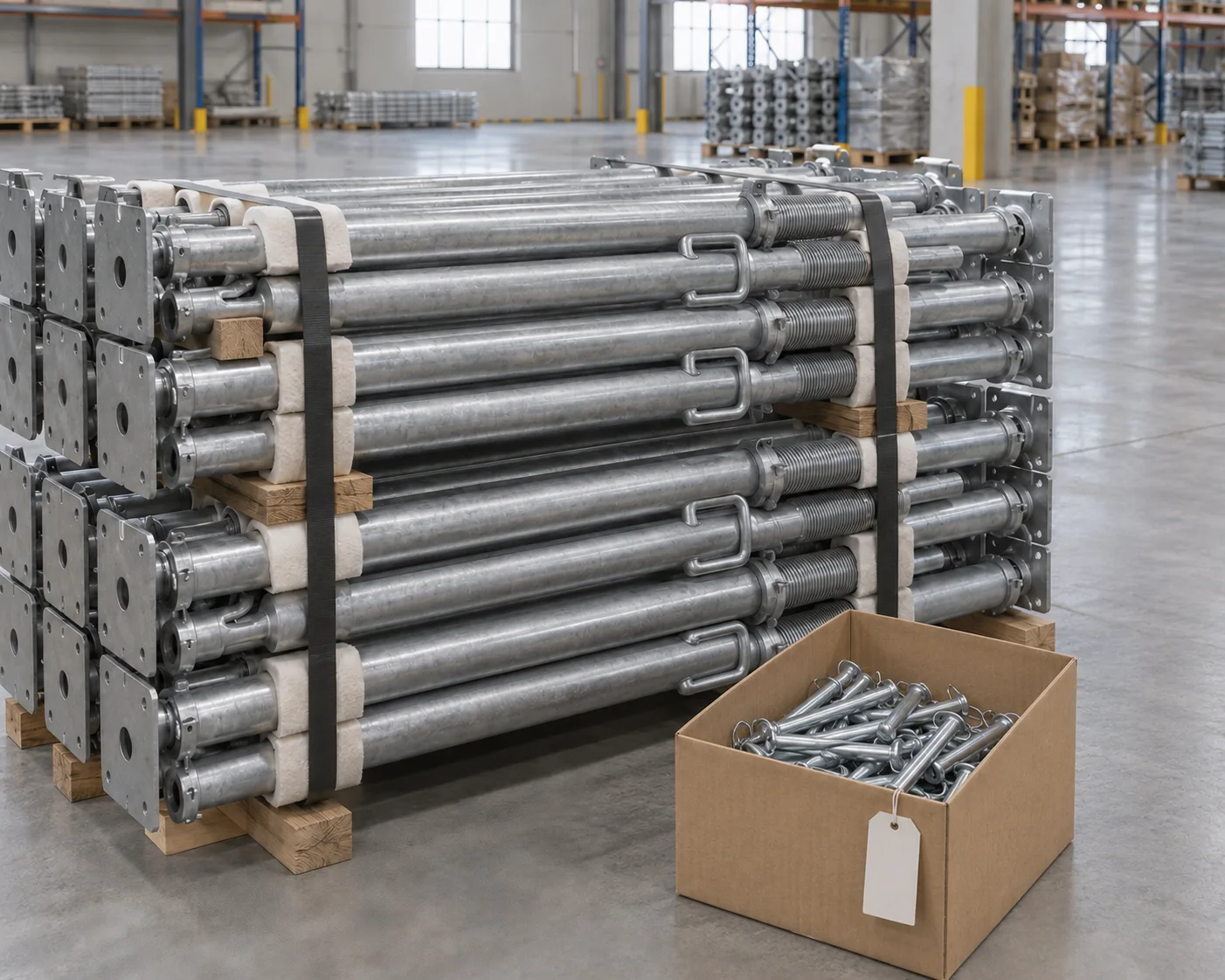 Supported telescopic steel prop bundles with a separate box of loose pins