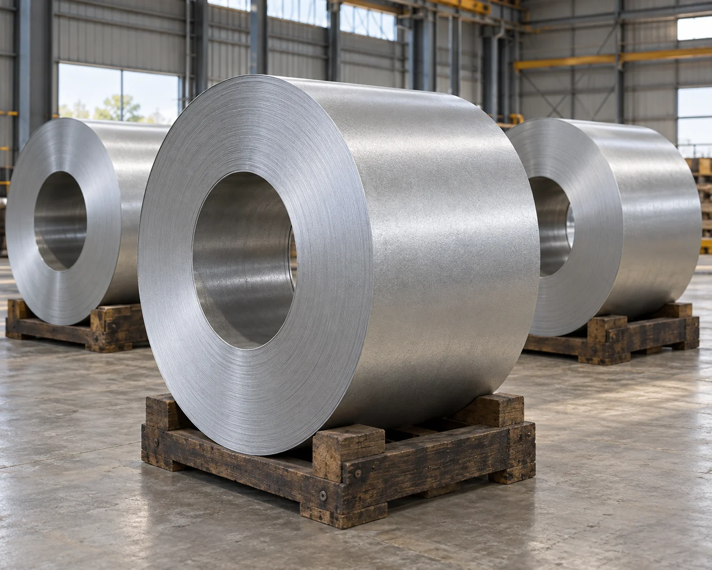 Silver metallic-coated steel coils supported in a warehouse.