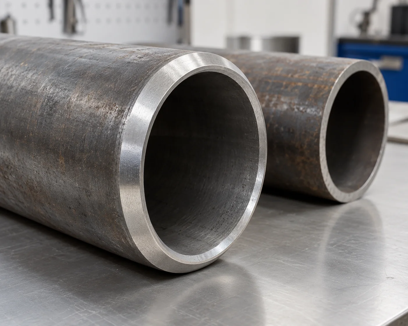 Close view of a round steel pipe bore and beveled end