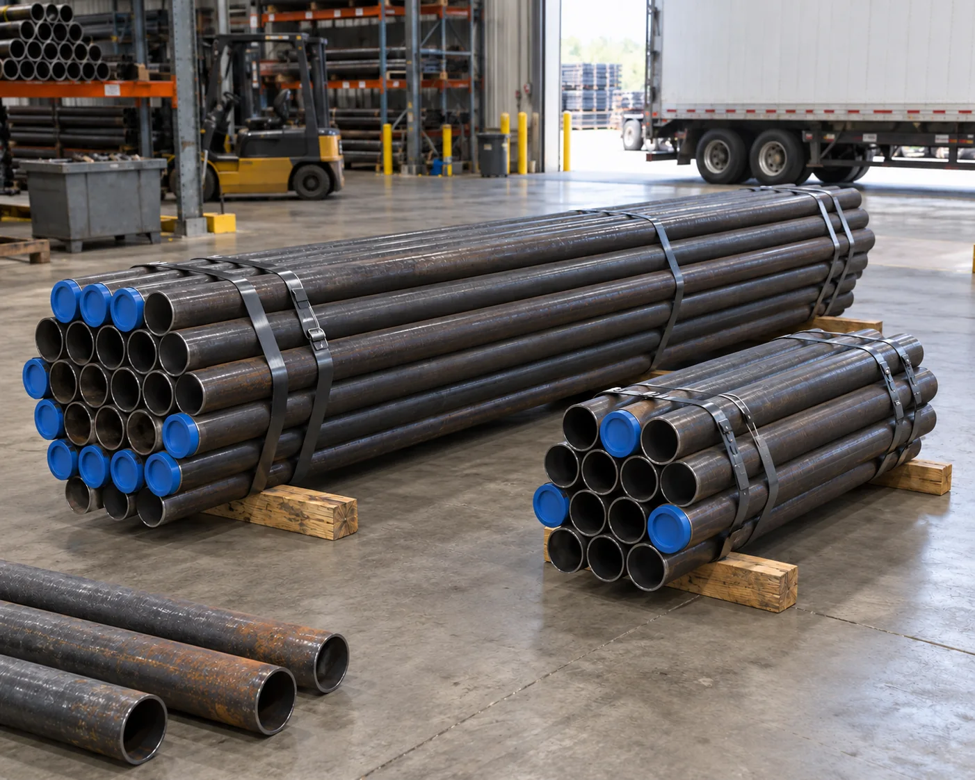 Separate strapped steel pipe bundles with end protection
