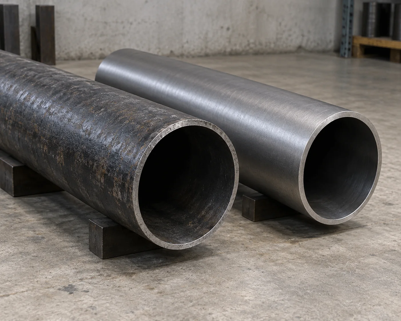Two round steel pipe samples with different exterior surface textures