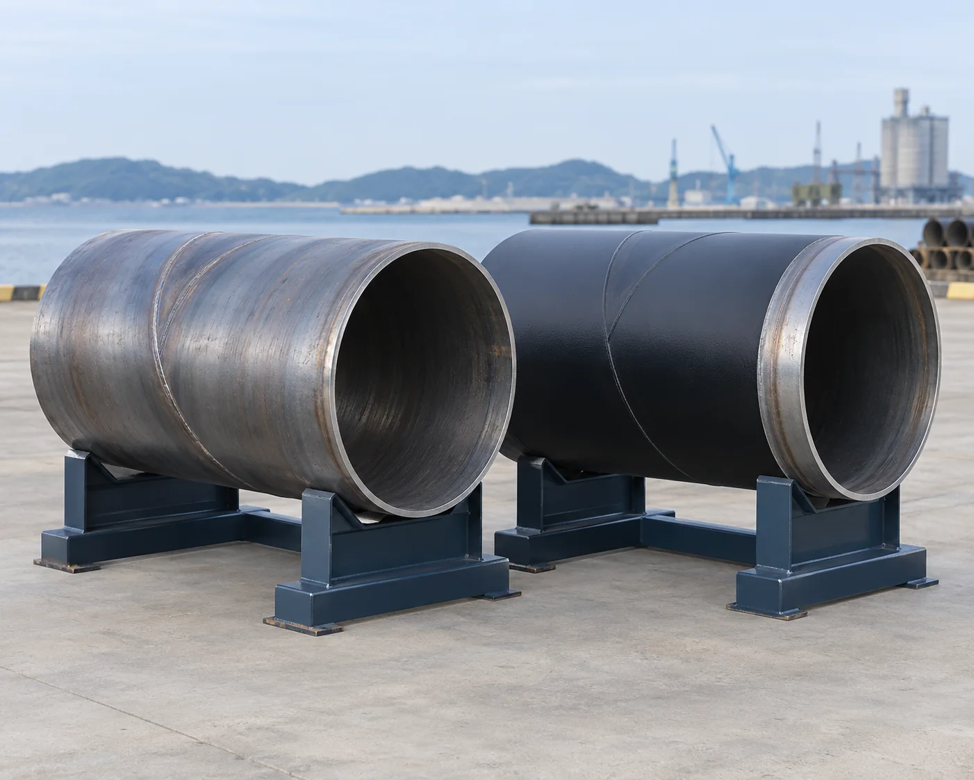 Bare and dark-coated cylindrical pipe samples with an uncoated weld-end area