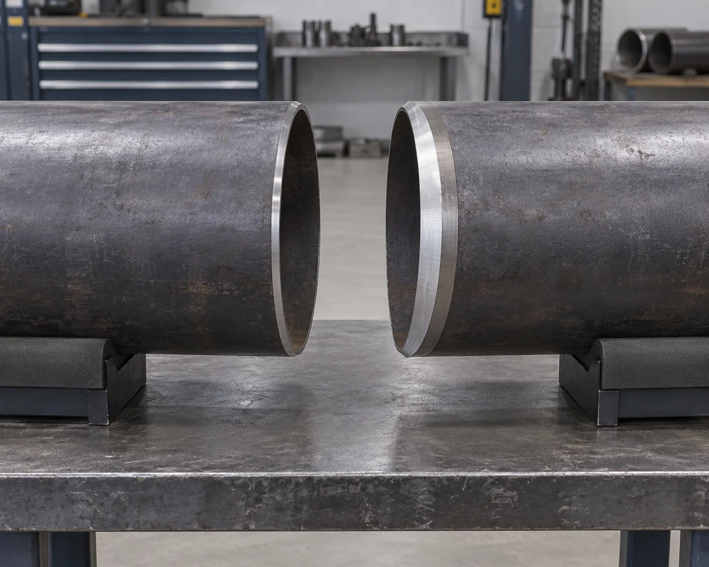Plain and beveled pile-pipe end samples supported separately for a splice-detail comparison