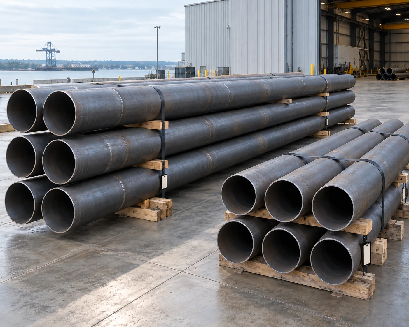 Pile-pipe section groups supported separately by length with prepared ends kept clear