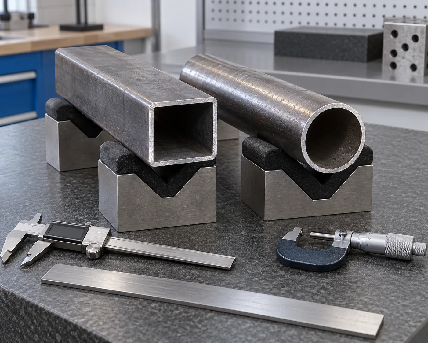 Hollow-section samples beside idle dimensional tools on an inspection bench