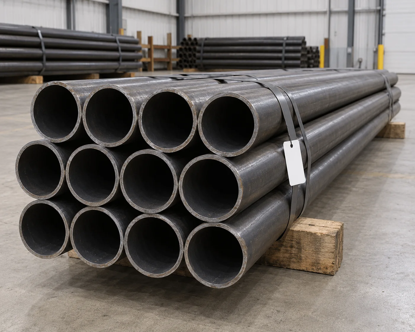 Round black steel pipe bundles on warehouse timber supports
