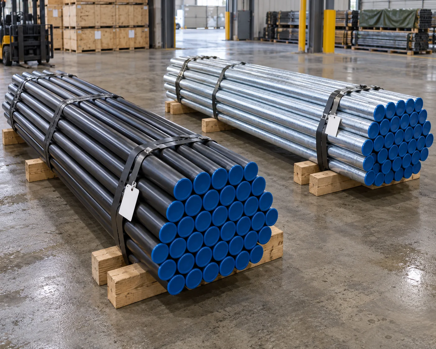 Separate black and galvanized pipe bundles with plain blank tags and protected ends