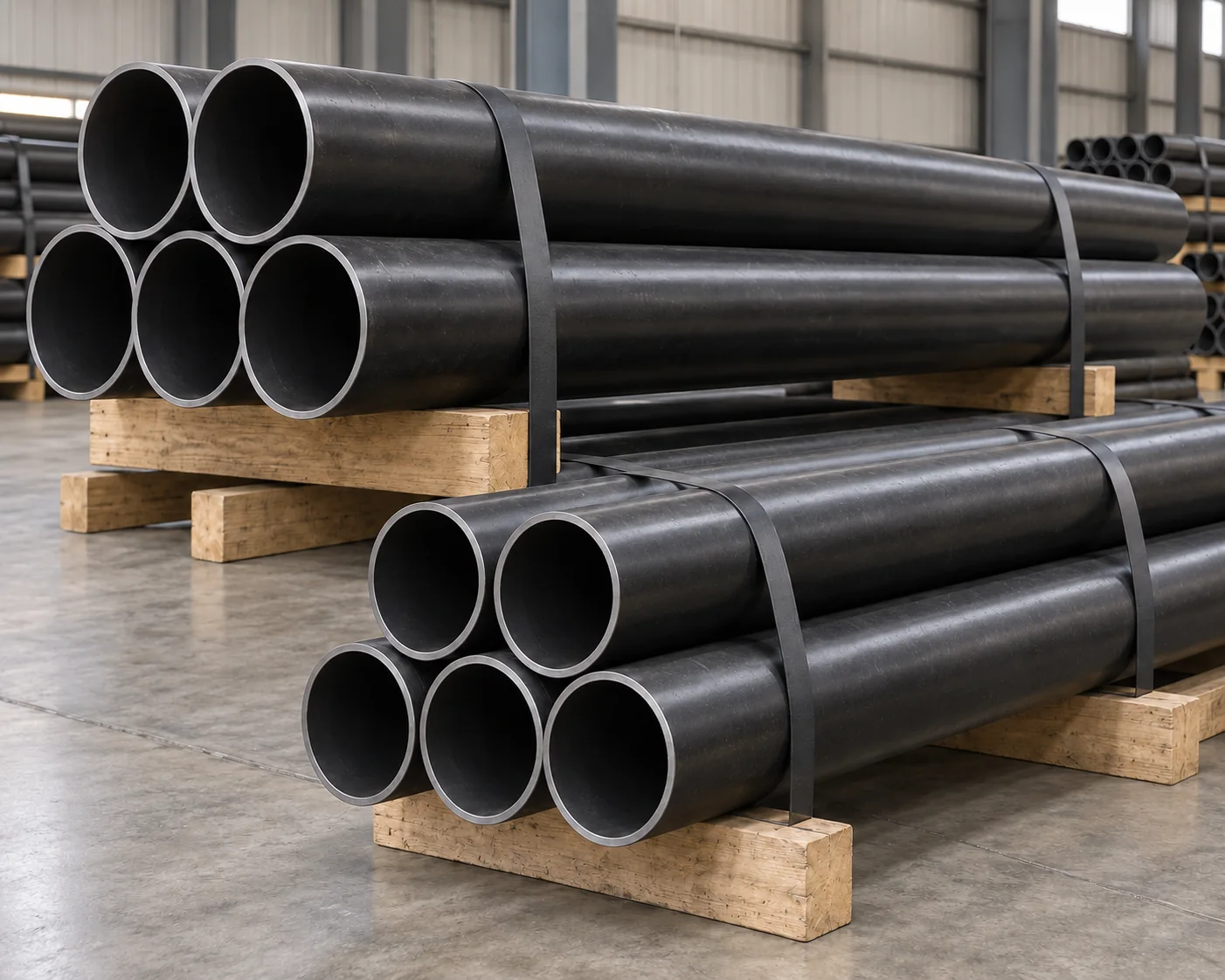 Black steel pipe lengths with plain open ends on timber warehouse supports